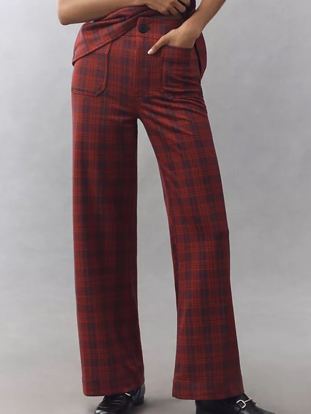 Maeve Burgundy Plaid Wide-Leg Trousers